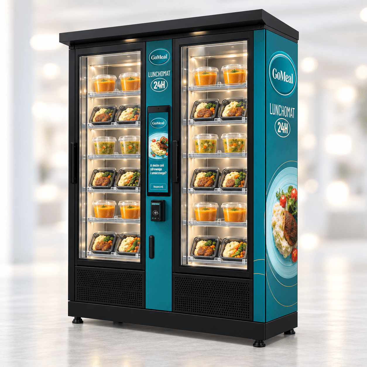 Illustration of a ready-meal vending machine with soups and lunch dishes