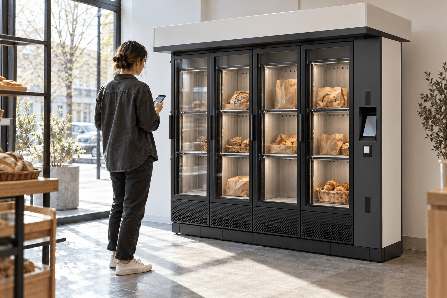 Illustration of a staff member with a tablet beside a bakery vending machine